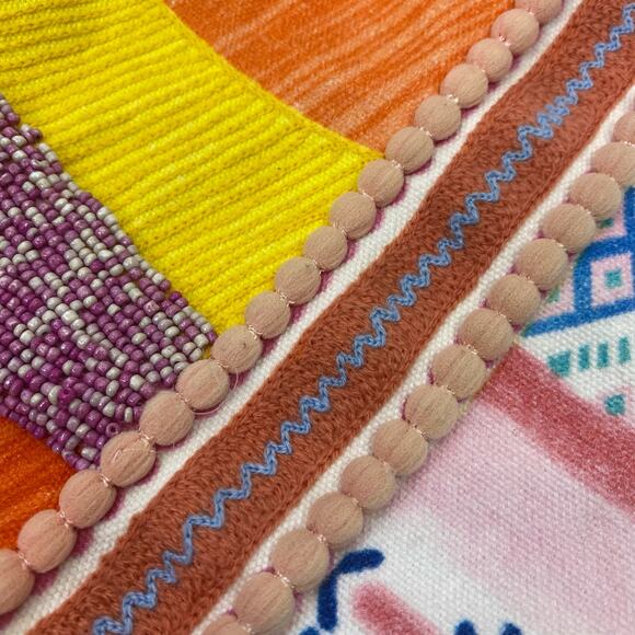 Colorful Beaded Beach Bag Geometric Ikat Print Large Size Bohemian Embroidered - Picture 7 of 9